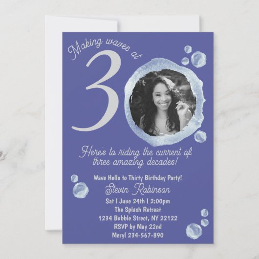 30e Indigo Blue Bubbles Verjaardagsfeest Foto Kaart (Voorkant)