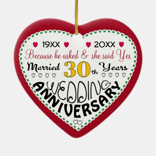 30e Jubileum cadeau hartvormige kerst Keramisch Ornament (Achterkant)