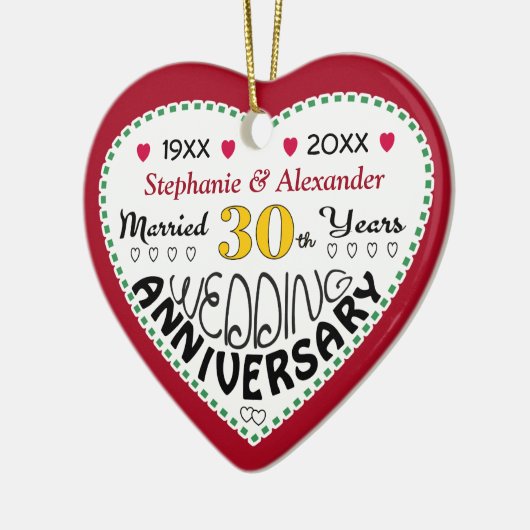 30e Jubileum cadeau hartvormige kerst Keramisch Ornament (Links)