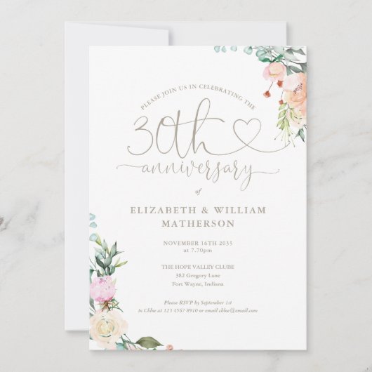 30e jubileum Hart Script Bloem Monogram Kaart (Voorkant)