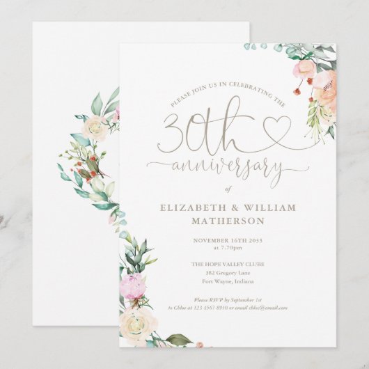 30e jubileum Hart Script Bloem Monogram Kaart (Voorkant / Achterkant)