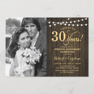 30e Jubileum met foto - Rustic Wood Gold Kaart
