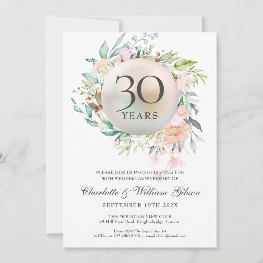 30e Jubileum Rozen Floral Pearl Foto Kaart (Voorkant)