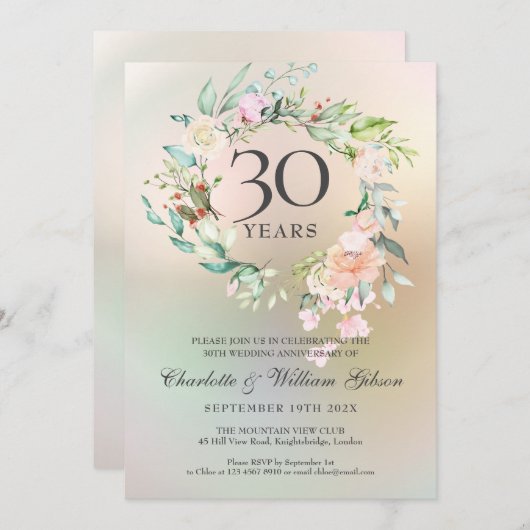 30e Jubileum Rozen Floral Pearl Kaart (Voorkant / Achterkant)