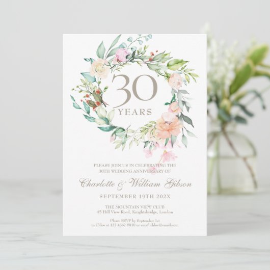 30e Jubileum Rozen Pearl Wedding Floral Foto Kaart (Staand voorkant)