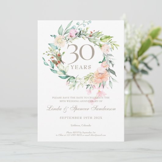 30e Jubileum Save the Date Pearl Floral Rozen Kaart (Staand voorkant)