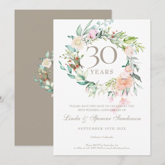 30e Jubileum Save the Date Pearl Floral Rozen Kaart (Voorkant / Achterkant)