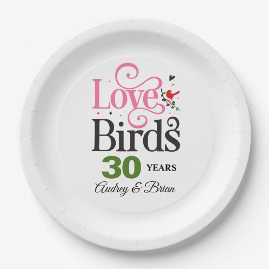 30e Jubileum Tortelduifjes Gepersonaliseerd Papieren Bordje (Voorkant)