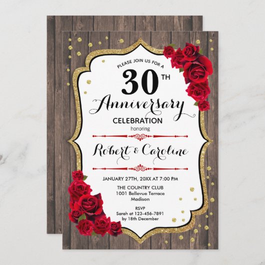30e Jubileum Uitnodiging - Rustic Wood Gold Red (Voorkant / Achterkant)