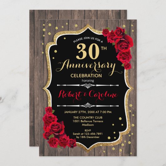 30e Jubileum Uitnodiging - Rustic Wood Red Gold (Voorkant / Achterkant)