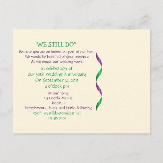 30e Jubileum Verlenging van het huwelijk Uitnodiging Briefkaart (Achterkant)