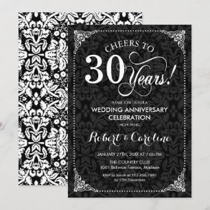 30e Jubileum voor bruiloft - Black White Damask Kaart