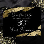 30e klas Reunion Black en Gold Elegant Briefkaart<br><div class="desc">Elegant Faux Gold folie verfsplatters ontwerpen. Alle tekst kan worden aangepast en kan eenvoudig worden gewijzigd voor uw eigen wensen. Sparen de de klassenreünie van de Datum briefkaarten. zwart en goud,  elegant,  stijlvol,  manuscript,  modern,  trendy,  gepersonaliseerde sjabloon.</div>