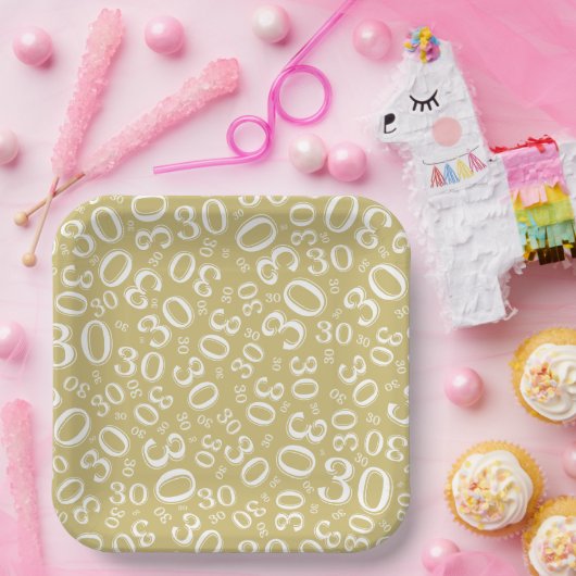 30e Leeftijd Willekeurig Getal Patroon Goud/Wit Papieren Bordje (Feest)