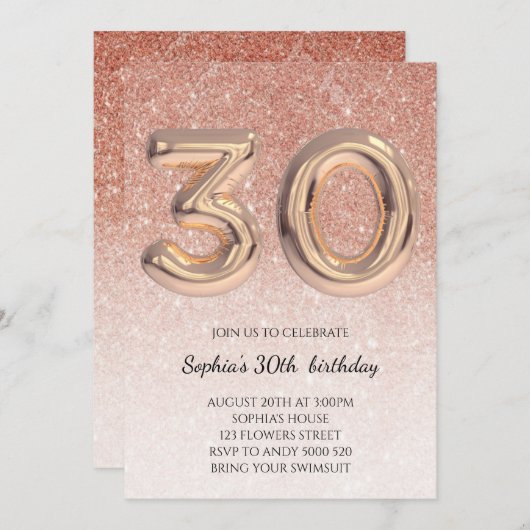 30e meisje Verjaardag Roos Gold Glitter Elegant Kaart (Voorkant / Achterkant)