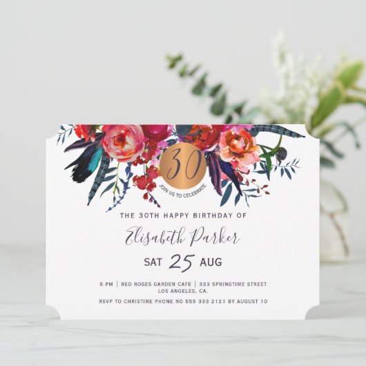 30e moderne boho floral waterverf verjaardagsfeest kaart (Staand voorkant)