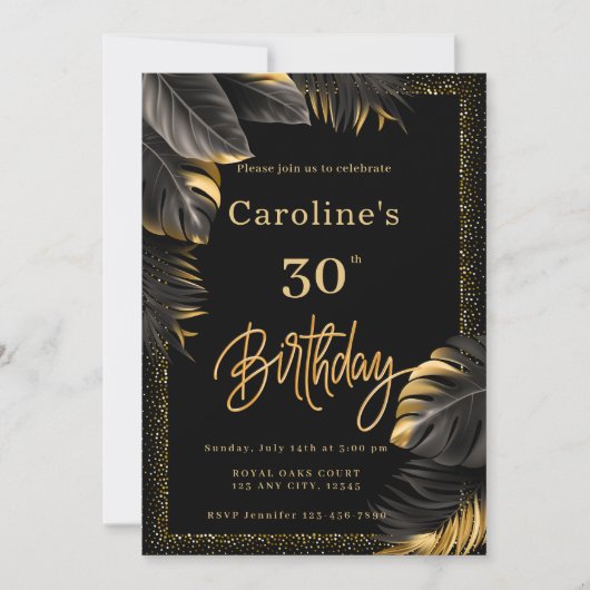 30e Moderne Zwart & Goud Bloemen Glitter Verjaarda Kaart (Voorkant)