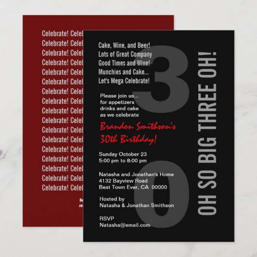 30e moderne zwarte witte rode DREE OH! Kaart (Voorkant / Achterkant)