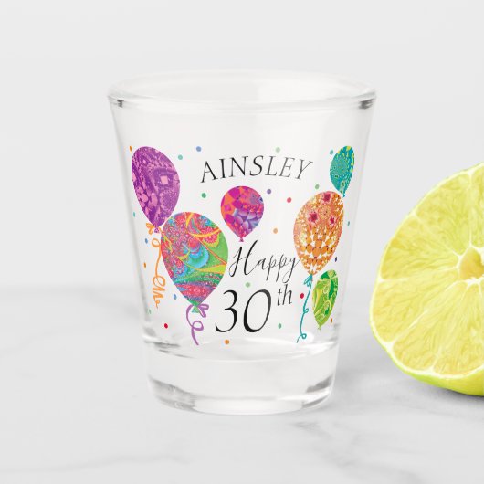 30e Paarse Aqua Verjaardag Ballonnen Custom Name Shot Glas (Voorkant)