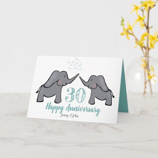 30e Parel bruiloft verjaardag schattige olifantenk Kaart (Gele Bloem)