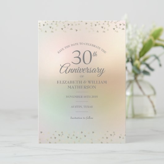 30e Parelhuwelijk Jubileum Harten Confetti Save The Date (Staand voorkant)