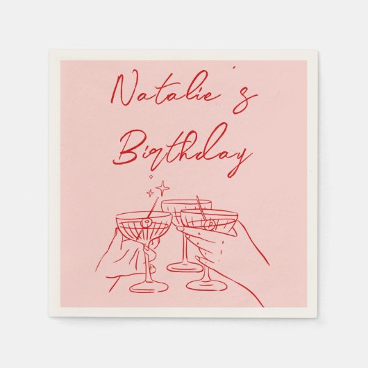 30e Retro Hand getekend Roze Rode Martini Verjaard Servet (Voorkant)