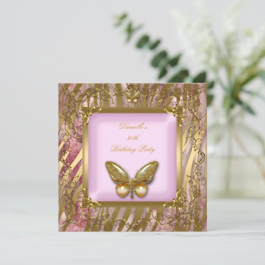 30e roze goudvlinder van de Birthday Party Kaart (Staand voorkant)