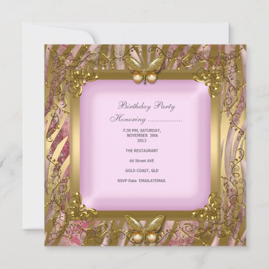 30e roze goudvlinder van de Birthday Party Kaart (Achterkant)