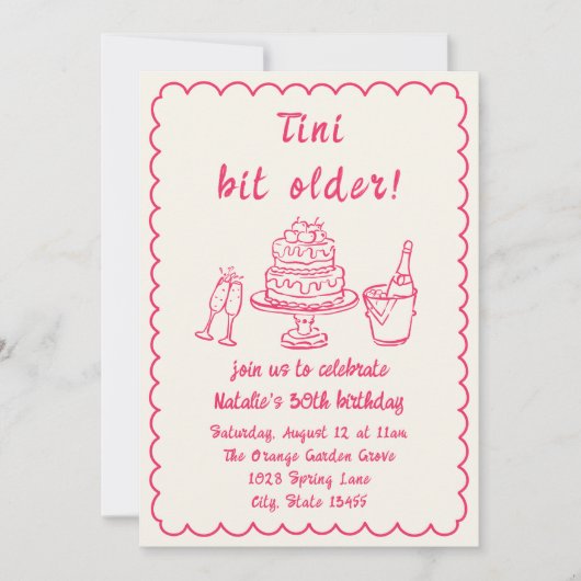 30e Roze Hand getrokken Champagne Cake Verjaardags Kaart (Voorkant)