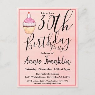 30e roze Waterverf Cupcake Birthday Uitnodiging Briefkaart