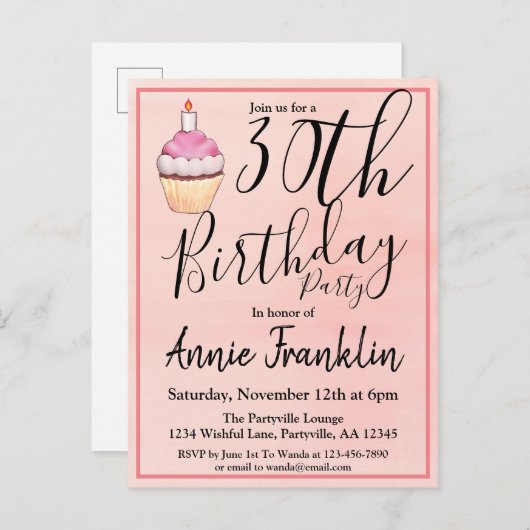 30e roze Waterverf Cupcake Birthday Uitnodiging Briefkaart (Voorkant / Achterkant)