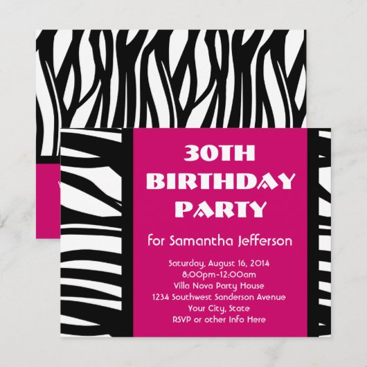 30e roze Zebra Kaart (Voorkant / Achterkant)