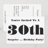 30e Surprise Birthday party Invite, zwart-wit Kaart (Voorkant / Achterkant)