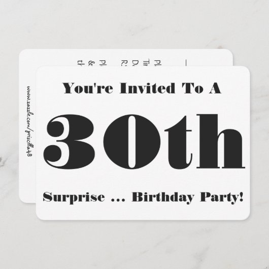 30e Surprise Birthday party Invite, zwart-wit Kaart (Voorkant / Achterkant)