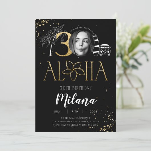 30e Tropical Birthday Gold Invitation met foto Kaart (Staand voorkant)