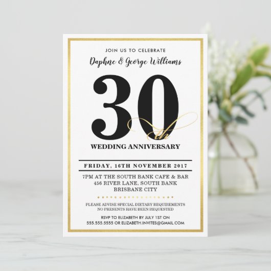 30E TROUWDAG stijlvolle gouden UITNODIGINGEN (Staand voorkant)