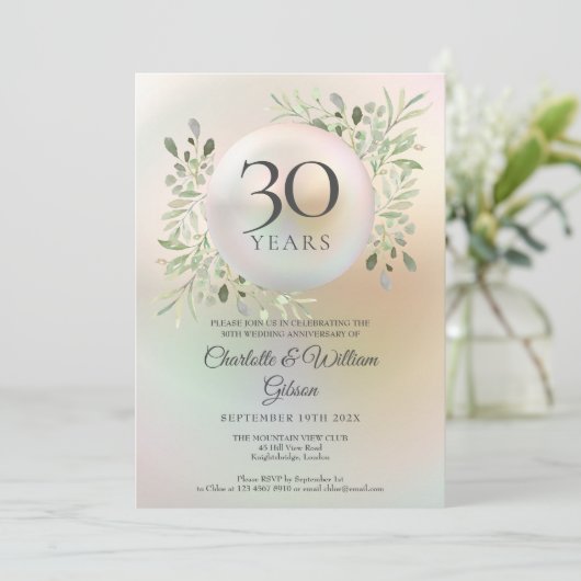 30e trouwjubileum groen bloemmotief parel kaart (Staand voorkant)