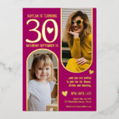 30e Twee Bogen Verjaardag Diep Roze Gouden Harten Folie Uitnodiging (Voorkant)