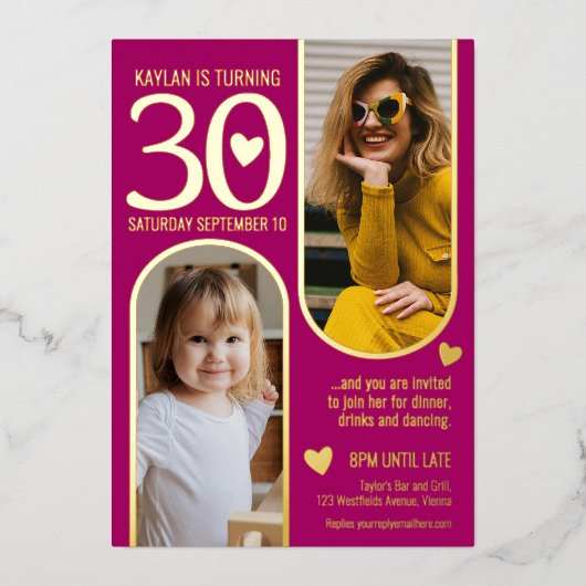 30e Twee Bogen Verjaardag Diep Roze Gouden Harten Folie Uitnodiging (Voorkant)