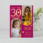 30e Twee Bogen Verjaardag Diep Roze Gouden Harten Folie Uitnodiging (Staand Voorkant)