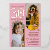 30e Twee Bogen Verjaardag Roze Rose Gouden Harten Folie Uitnodiging (Voorkant)