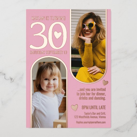 30e Twee Bogen Verjaardag Roze Rose Gouden Harten Folie Uitnodiging (Voorkant)