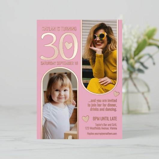 30e Twee Bogen Verjaardag Roze Rose Gouden Harten Folie Uitnodiging (Staand Voorkant)