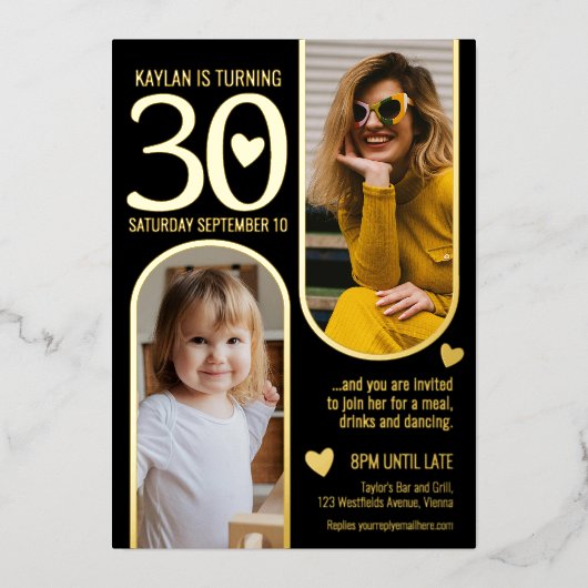 30e Twee Bogen Verjaardag Zwart Gouden Harten Folie Uitnodiging (Voorkant)