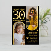 30e Twee Bogen Verjaardag Zwart Gouden Harten Folie Uitnodiging (Staand Voorkant)