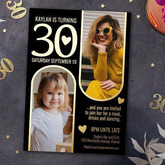 30e Twee Bogen Verjaardag Zwart Gouden Harten Folie Uitnodiging