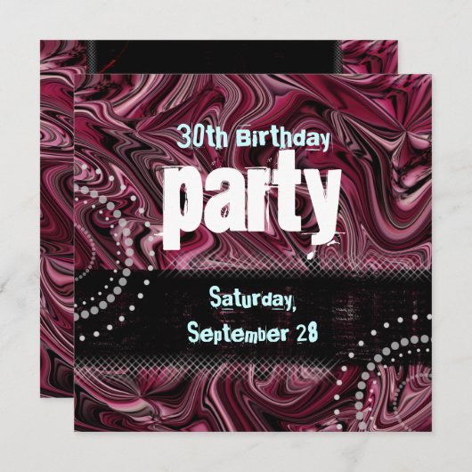 30e uitnodiging van de Birthday Party ~ Red gemarm (Voorkant / Achterkant)