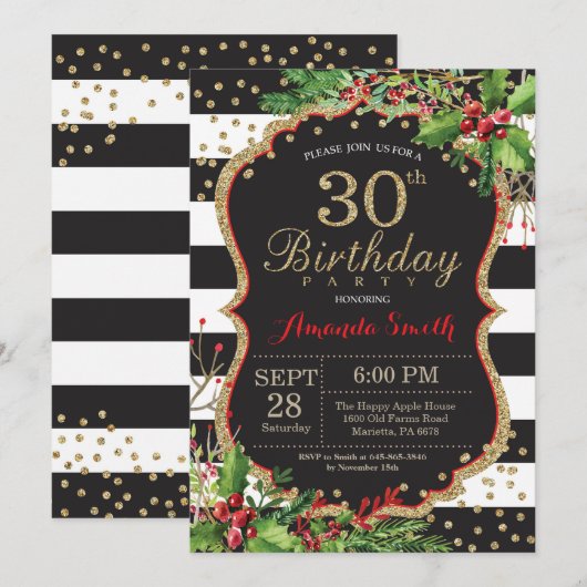 30e uitnodiging van de verjaardag. Kerstrood zwart (Voorkant / Achterkant)