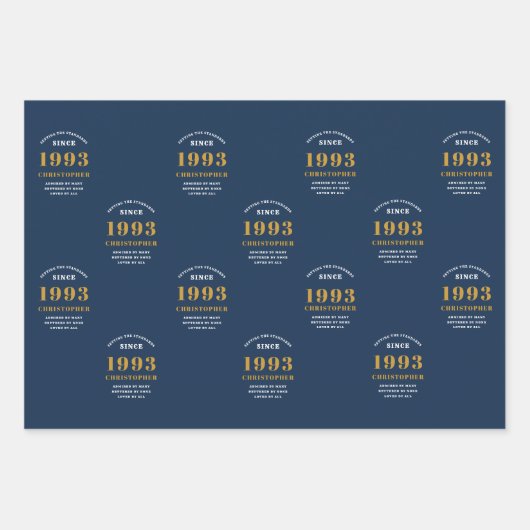 30e verjaardag 1993 Blue Gold Add Name Inpakpapier Vel (Voorkant 2)