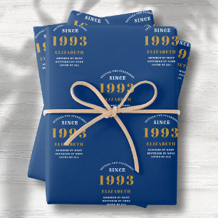 30e verjaardag 1993 Blue Gold Chic Elegant Inpakpapier Vel